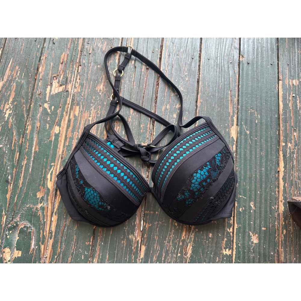 Time and Tru Black Teal Lace Overlay Bikini Top Molded Cups Size Large 12-14